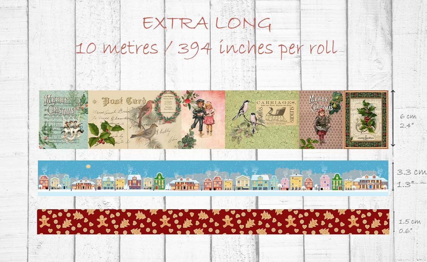 Vintage Christmas holiday winter washi Tapes Set. Extra Wide Tapes Featuring Gingerbread Men, a Snowy Village and Victorian scenes