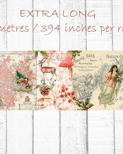 Christmas in Paris Vintage Extra Wide washi Sticker Tape. Extra-Long 10 meters for Decorating, decoupage, Crafts, temporary Wallpaper Border