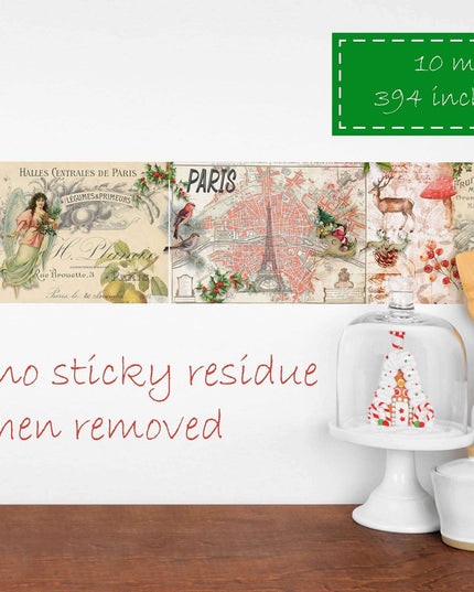 Christmas in Paris Vintage Extra Wide washi Sticker Tape. Extra-Long 10 meters for Decorating, decoupage, Crafts, temporary Wallpaper Border