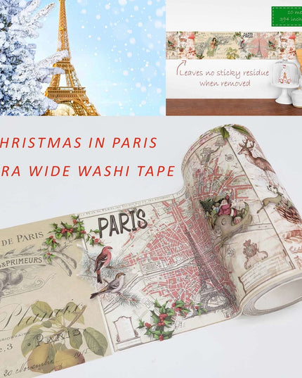 Christmas in Paris Vintage Extra Wide washi Sticker Tape. Extra-Long 10 meters for Decorating, decoupage, Crafts, temporary Wallpaper Border