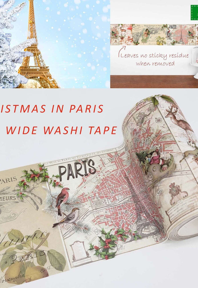 Christmas in Paris Vintage Extra Wide washi Sticker Tape. Extra-Long 10 meters for Decorating, decoupage, Crafts, temporary Wallpaper Border