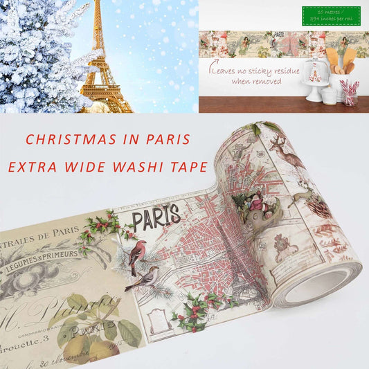 Christmas in Paris Vintage Extra Wide washi Sticker Tape. Extra-Long 10 meters for Decorating, decoupage, Crafts, temporary Wallpaper Border