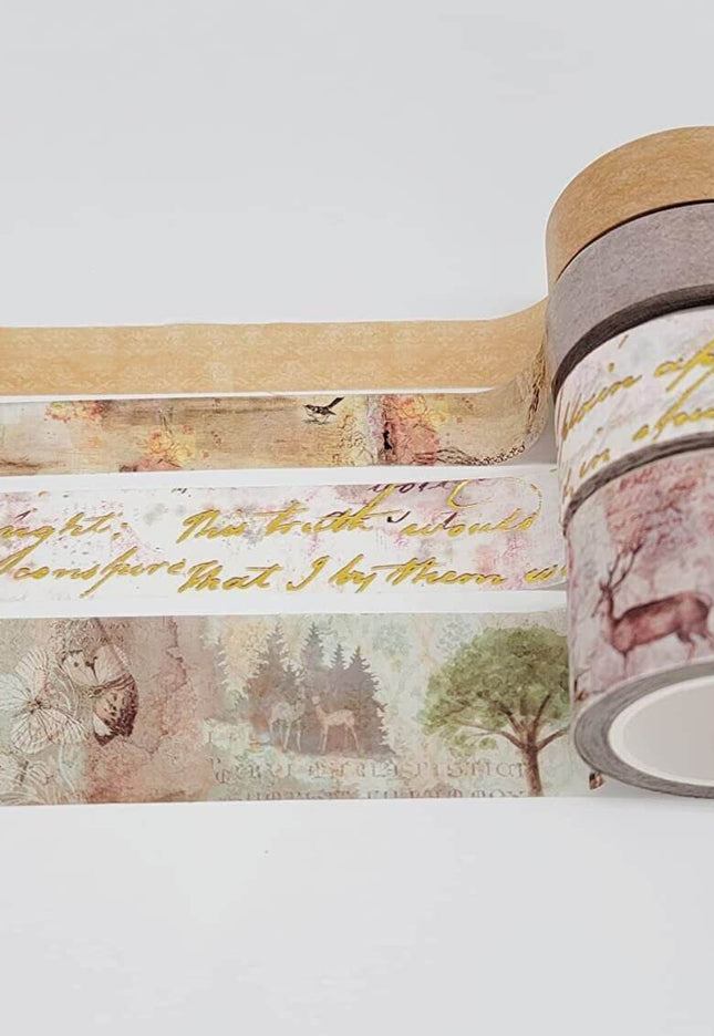 Enchanted Scandanavian Forest washi Tape Set of 4 Rolls for Vintage scrapbooks, Crafts, decoupage and decorating