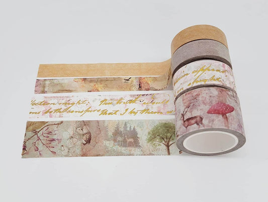 Enchanted Scandanavian Forest washi Tape Set of 4 Rolls for Vintage scrapbooks, Crafts, decoupage and decorating