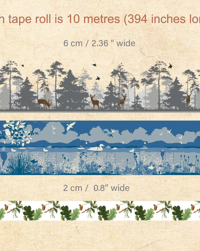 Mountain Nature Forest woodland washi Sticker Tape Ensemble de 3 rouleaux de ruban washi extra longs. pour les albums, l'artisanat, la décoration, le découpage