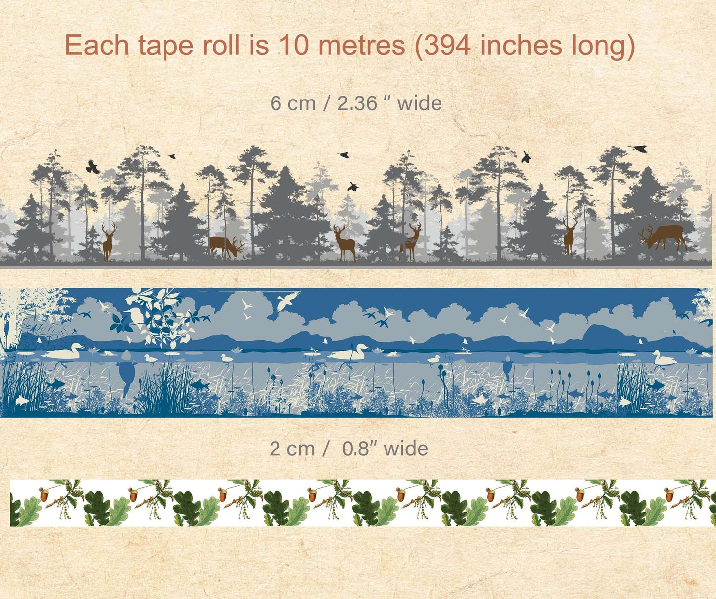 Mountain Nature Forest woodland washi Sticker Tape Set of 3 Extra Long washi Tape Rolls. for scrapbooks, Crafts, Decorating, decoupage