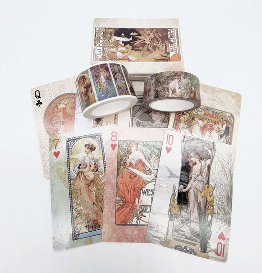 Art Nouveau Vintage Artist Alphonse Mucha 54 Different Playing Cards and washi Tape Set for Poker, Games, Gifts and Party Decorations