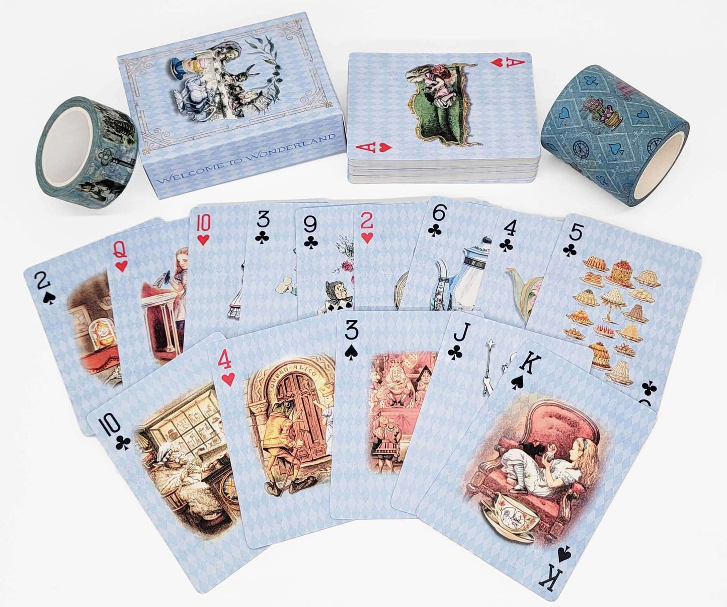 Jeu de cartes à jouer bleu Alice au pays des merveilles avec ensemble de bandes washi. pour les décorations de fête, les jeux, le bricolage, l'artisanat et les accessoires