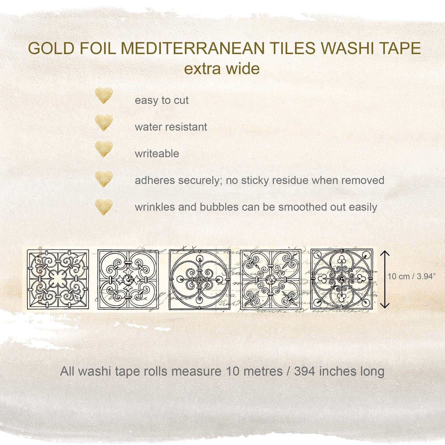 Mediterranean Italian Spanish gold tiles washi tape for scrapbooks, jounrals, crafts, decoupage or decorating, wall decor. EXTRA WIDE TAPE!