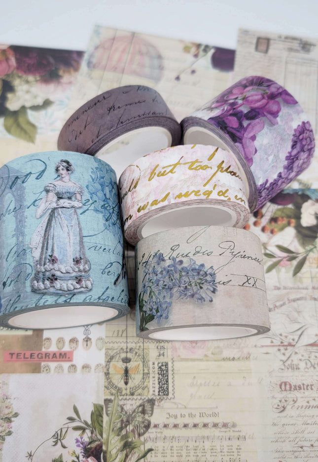 Vintage Jane Austen Regency Theme washi Tapes & Scrapbook Papers Set. Extra-Long Tapes Leave no Sticky Residue. Cottagecore journalling
