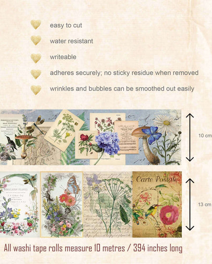 Ensemble d'autocollants et bandes washi sur le thème des papillons, des oiseaux et des fleurs des jardins naturels. Bandes extra larges/longues !