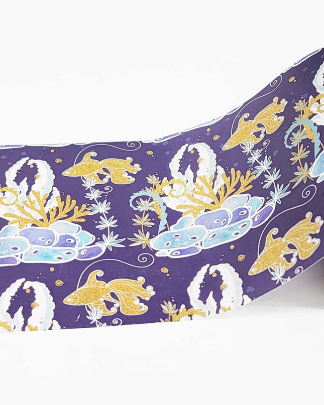 Under sea coral fishes gold foil EXTRA WIDE washi tape. Long 10 metre roll for crafts, decorating and journals.