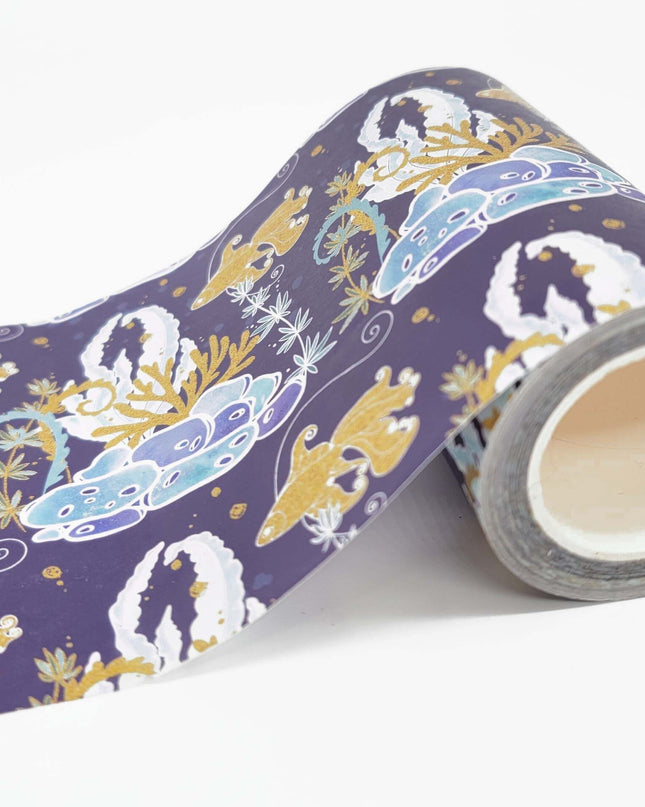 Under sea coral fishes gold foil EXTRA WIDE washi tape. Long 10 metre roll for crafts, decorating and journals.