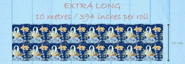 Under sea coral fishes gold foil EXTRA WIDE washi tape. Long 10 metre roll for crafts, decorating and journals.