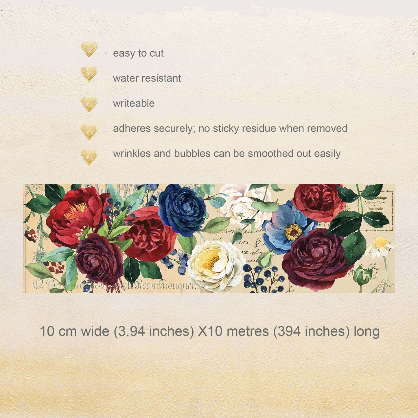 Red White Blue Roses Peonies Florals Extra Wide Washi Tape for scrapbooks DIY Decorating and Temporary Wall Paper Borders