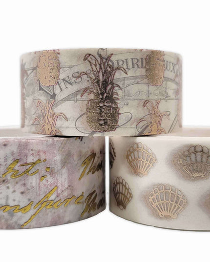 Serenity Fair Gold foil washi Tape Sets with Vintage Pineapples, sea Shells and Handwriting Designs