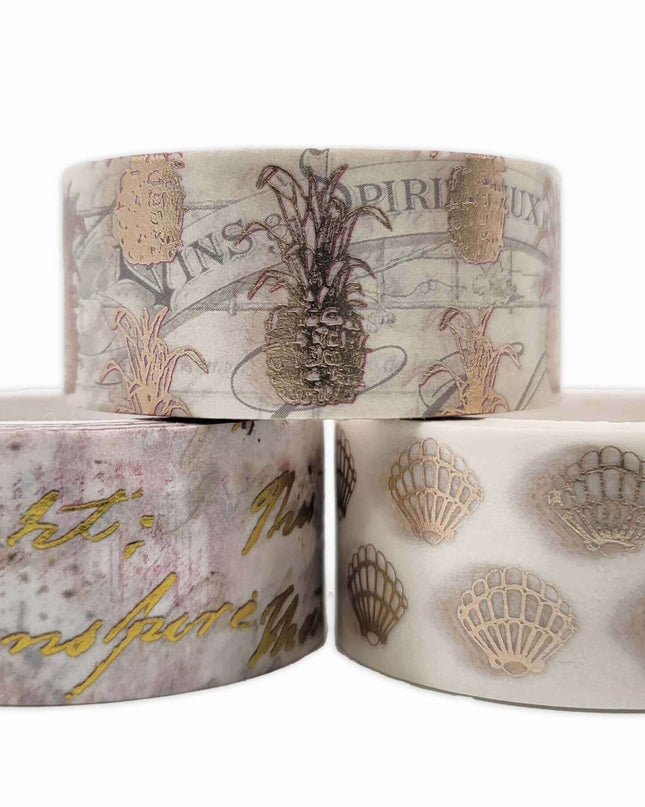 Serenity Fair Gold foil washi Tape Sets with Vintage Pineapples, sea Shells and Handwriting Designs