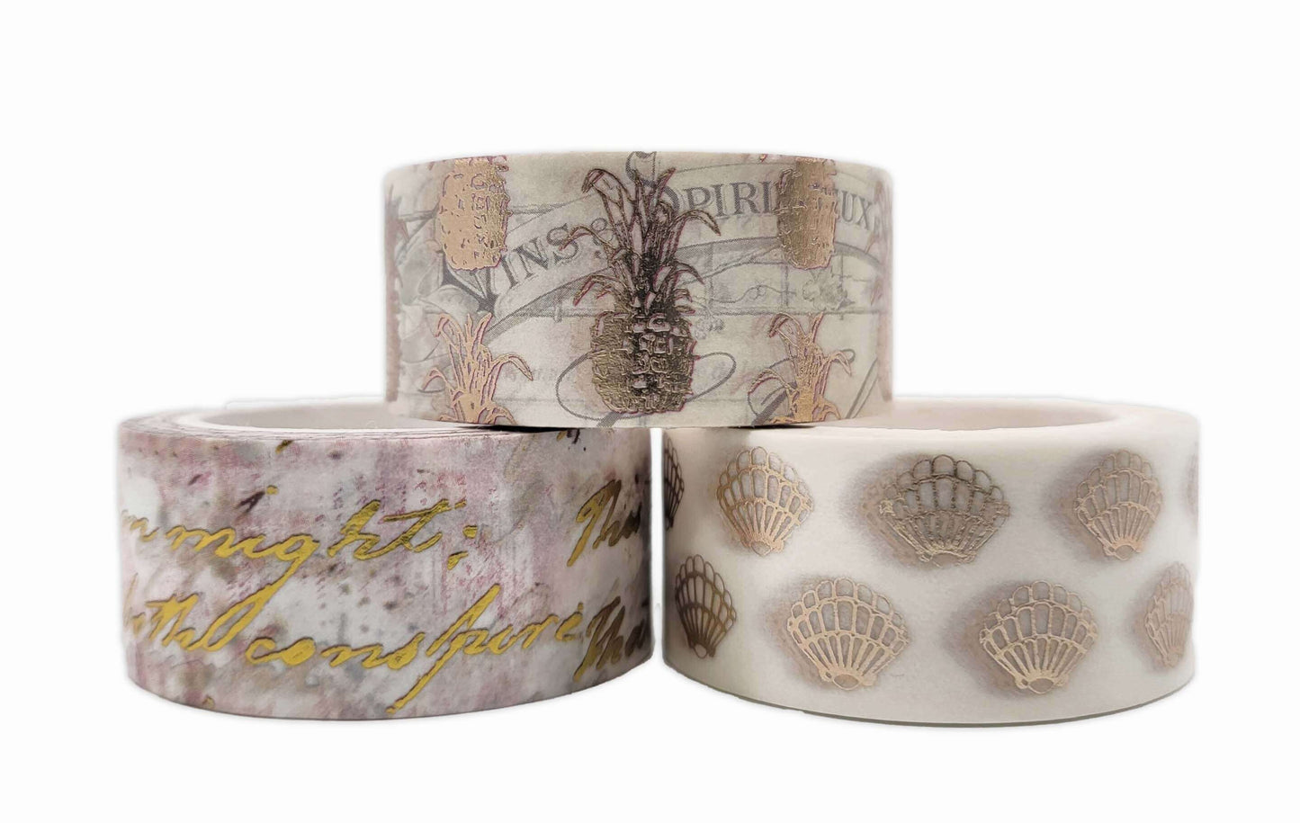 Serenity Fair Gold foil washi Tape Sets with Vintage Pineapples, sea Shells and Handwriting Designs