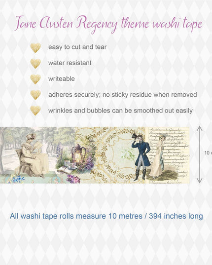 Jane Austen romantique vintage EXTRA WIDE 4 pouces / 10 cm washi tape. 10 mètres de long pour les albums, les journaux, les travaux manuels, les bordures de papier peint, les cadeaux.