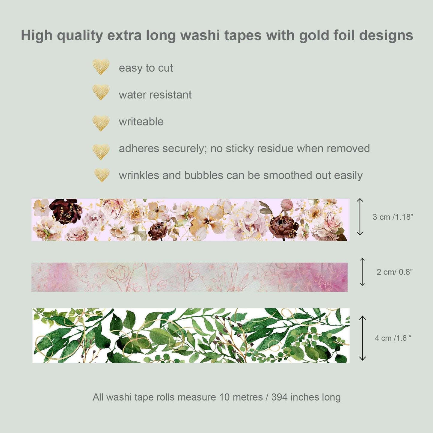 Japanese Gold foil Floral Roses Metallic washi Sticker Tape Set for scrapbooks, Gift Wrapping, Crafts and Decorating