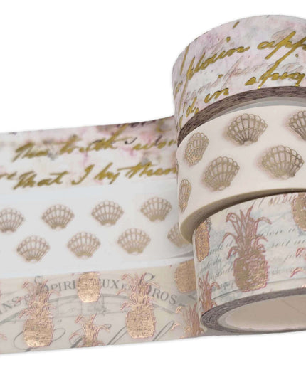 Serenity Fair Gold foil washi Tape Sets with Vintage Pineapples, sea Shells and Handwriting Designs