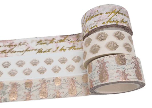 Serenity Fair Gold foil washi Tape Sets with Vintage Pineapples, sea Shells and Handwriting Designs