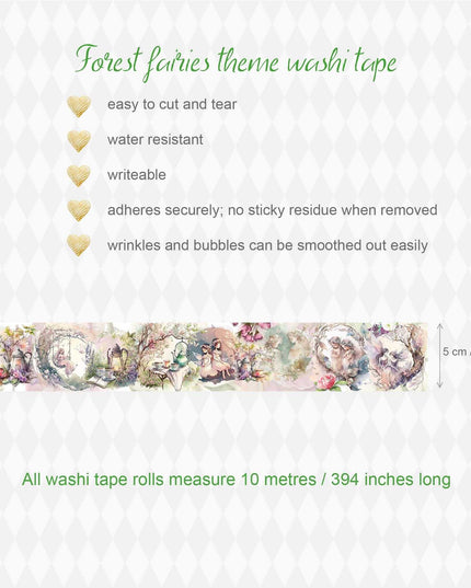 Bande washi de jardin de fées de fleurs de forêt. Rouleau extra long pour scrapbooking, journaux, travaux manuels et décoration.