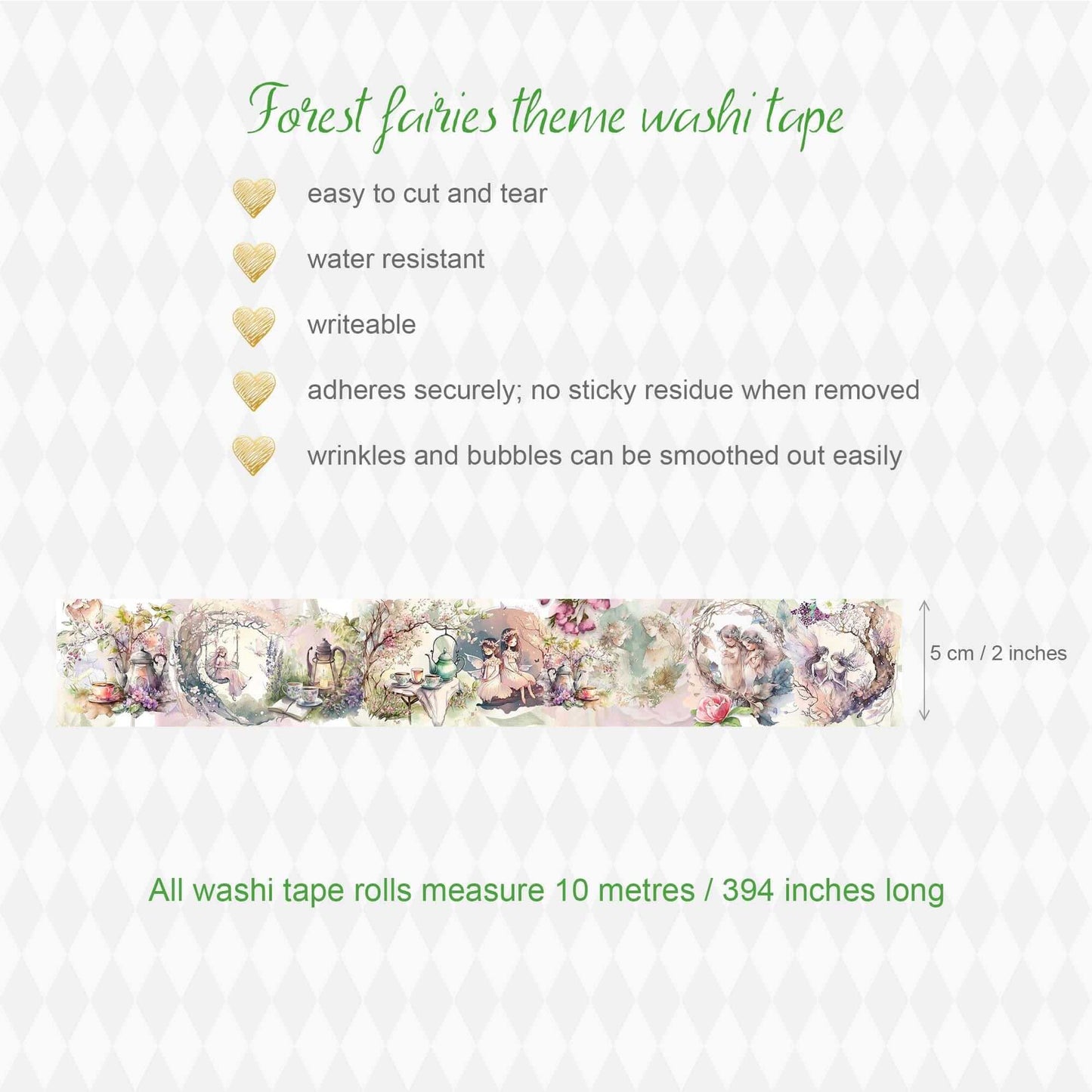 Forest flower fairies garden washi tape. Extra long roll for scrapbooks, journals, crafts and decorating