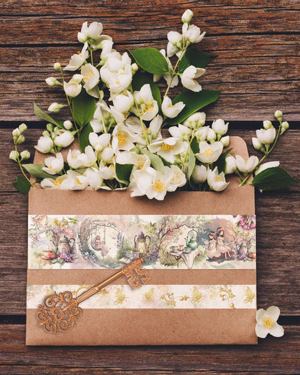 Bande washi de jardin de fées de fleurs de forêt. Rouleau extra long pour scrapbooking, journaux, travaux manuels et décoration.
