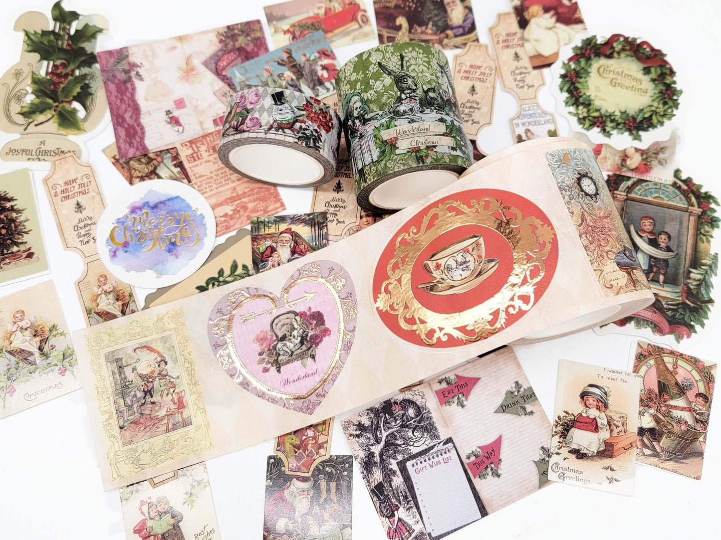 Alice in Wonderland Christmas Stickers, washi Tapes, and Mini Cards Collection