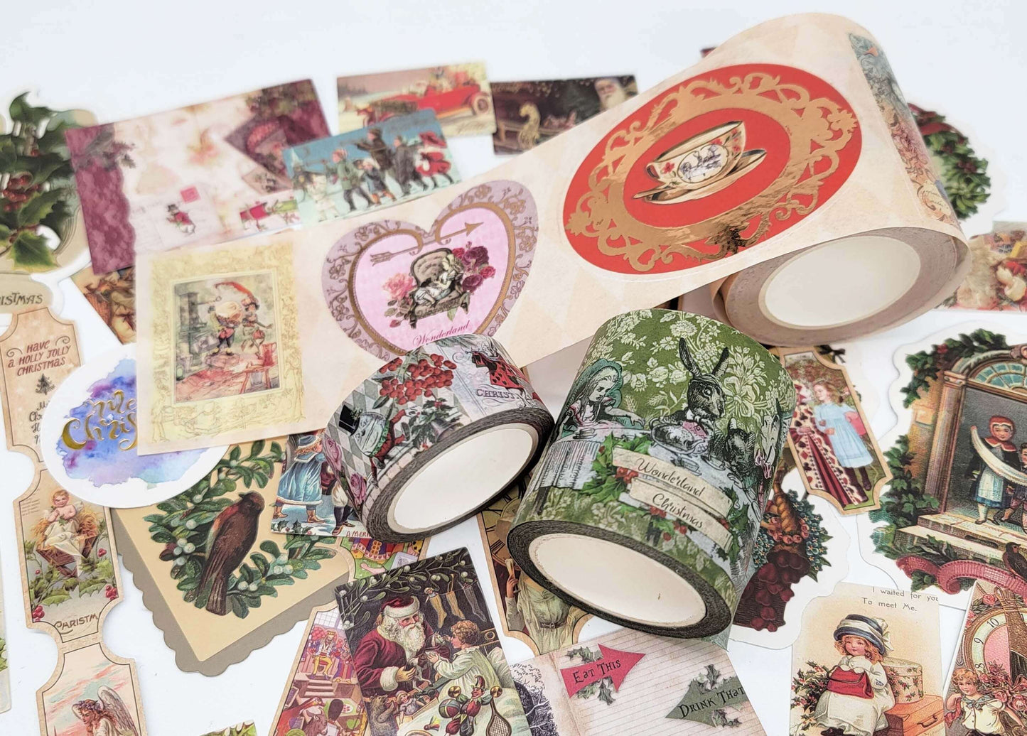 Alice in Wonderland Christmas Stickers, washi Tapes, and Mini Cards Collection