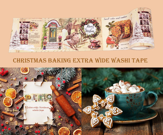 Vintage Christmas baking theme Extra Wide (10 cm / 4 inches)  washi tape for scrapbooks, wall decor, journals, crafts and decoupage