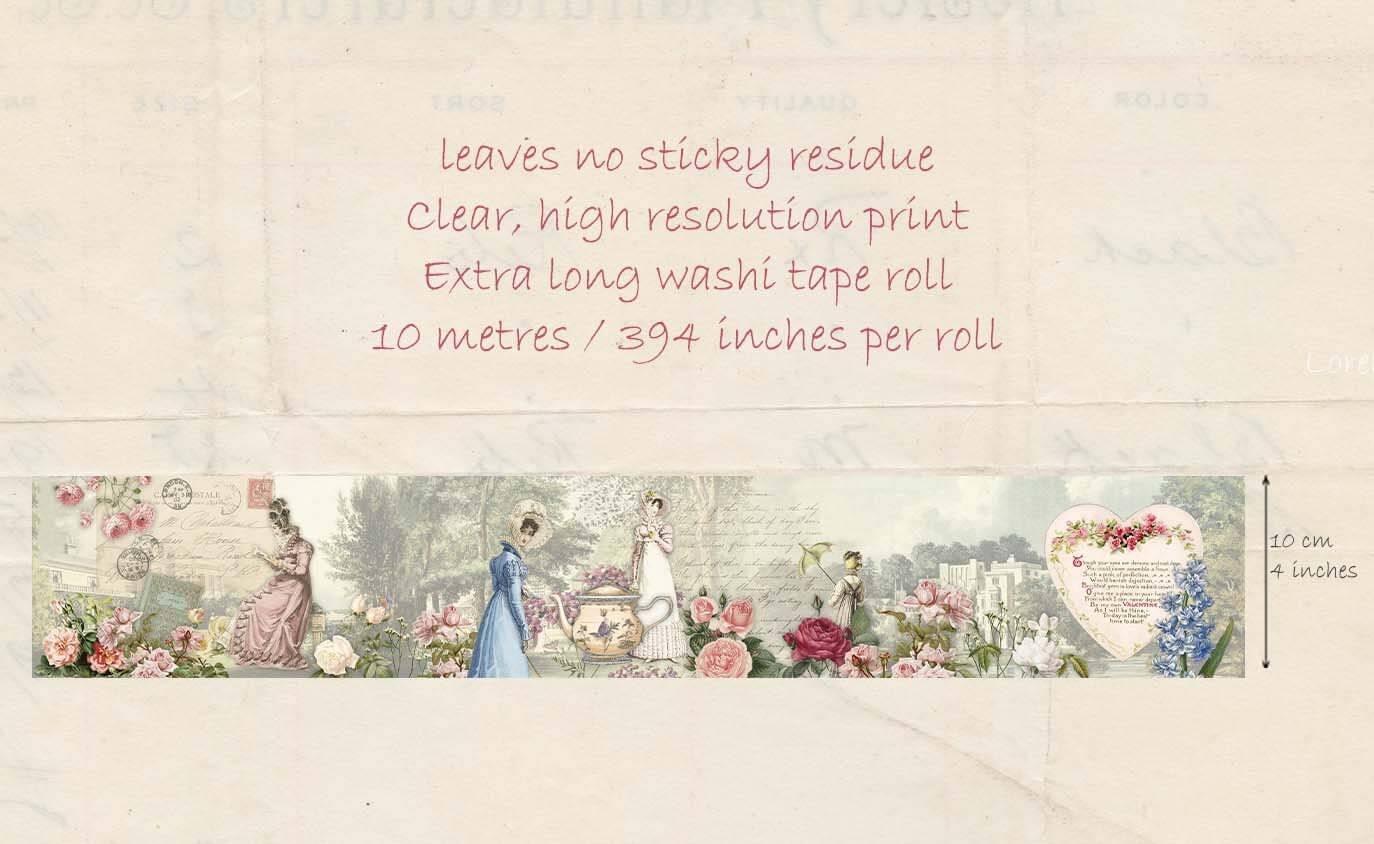 Jane Austen romantic garden extra wide washi tape sticker roll for scrapbooks, journals, crafts and gifts