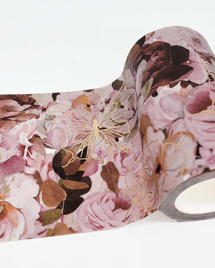 Rouleau de ruban adhésif washi extra large en feuille d'or avec fleurs roses (4 pouces/ 10 cm de large) pour scrapbooking, travaux manuels, bordures de papier peint