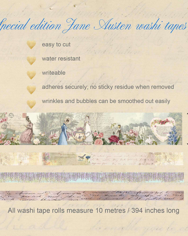 Jane Austen washi Tapes, cadres d'autocollants découpés, cartes à jouer, papiers de collage, ensemble d'artisanat spécial pour journaux, scrapbooking et décoration