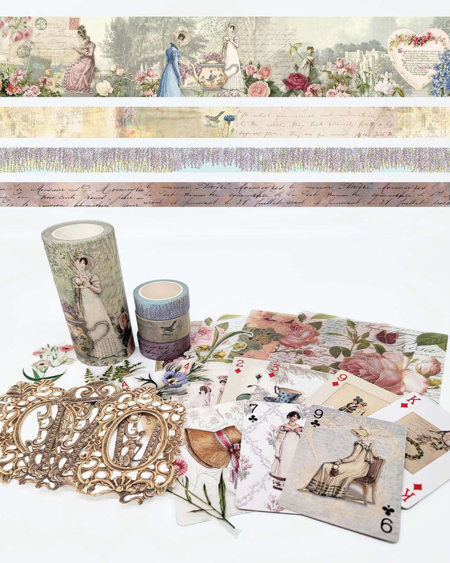 Jane Austen washi Tapes, cadres d'autocollants découpés, cartes à jouer, papiers de collage, ensemble d'artisanat spécial pour journaux, scrapbooking et décoration