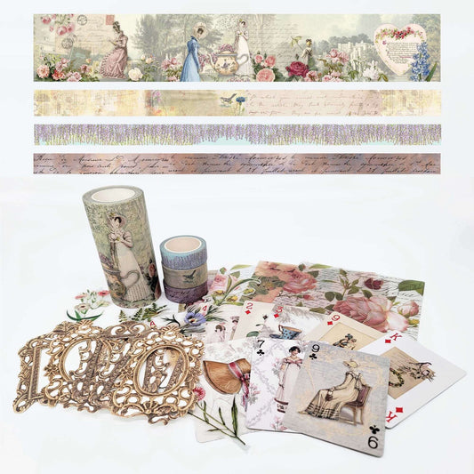 Jane Austen washi Tapes, die Cut Stickers Frames, Playing Cards, Collage Papers Special Crafts Set for journals, scrapbooks and decorating