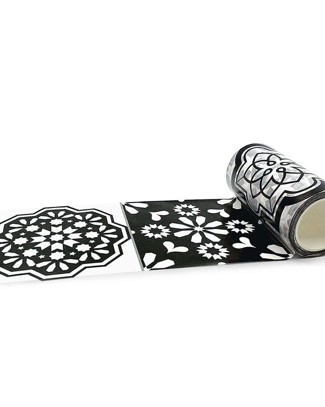 Ruban washi à motifs de carreaux espagnols rétro noir et blanc. Extra large 3,6 pouces (9,2 cm)