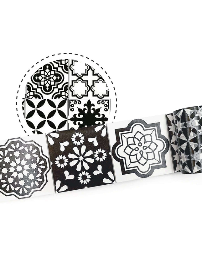 Ruban washi à motifs de carreaux espagnols rétro noir et blanc. Extra large 3,6 pouces (9,2 cm)