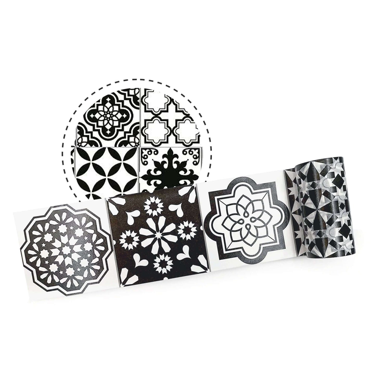 Ruban washi à motifs de carreaux espagnols rétro noir et blanc. Extra large 3,6 pouces (9,2 cm)