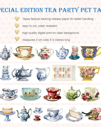 Tea party PET tape for scrapbooks, journals, crafts, and decorating candles, gifts, cards, tags, or phone cases