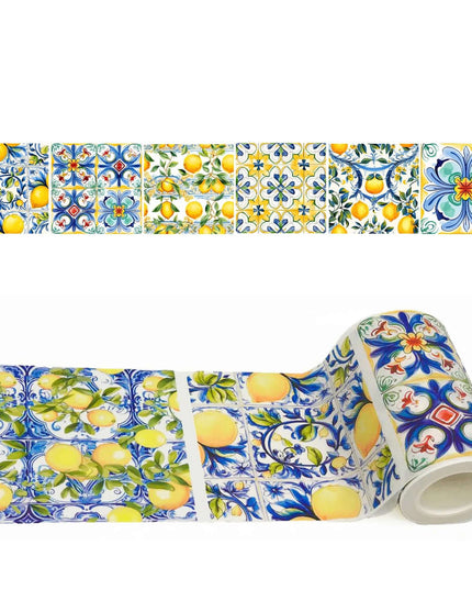 Italian yellow, blue lemon tiles pattern extra wide washi tape for journals, decorating, temporary wall borders