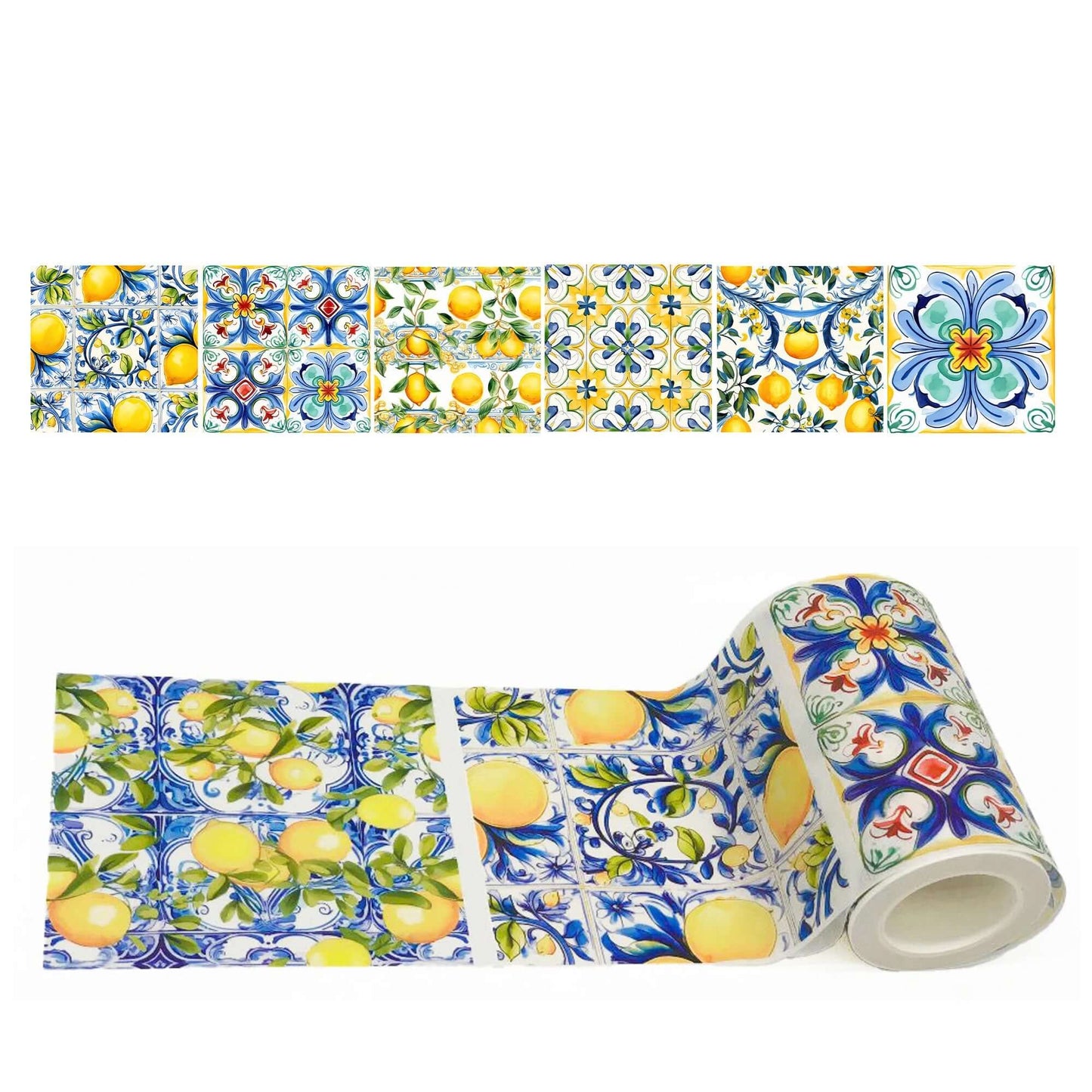 Italian yellow, blue lemon tiles pattern extra wide washi tape for journals, decorating, temporary wall borders