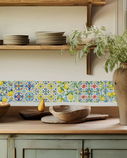 Italian yellow, blue lemon tiles pattern extra wide washi tape for journals, decorating, temporary wall borders