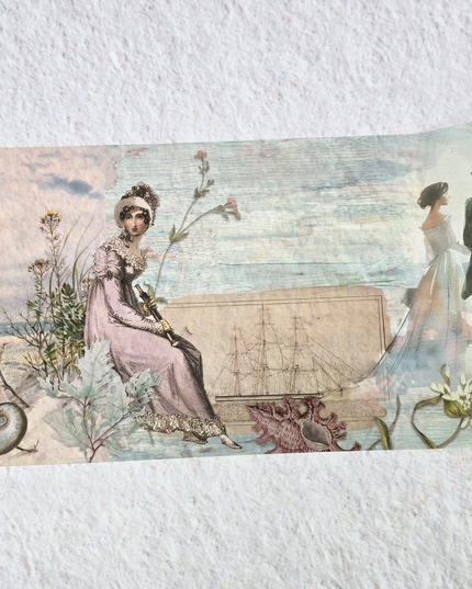 Jane Austen seaside stroll theme extra wide washi tape sticker roll for scrapbooks, journals, crafts and gifts. 12 cm wide