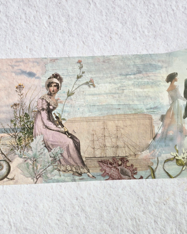 Jane Austen seaside stroll theme extra wide washi tape sticker roll for scrapbooks, journals, crafts and gifts. 12 cm wide