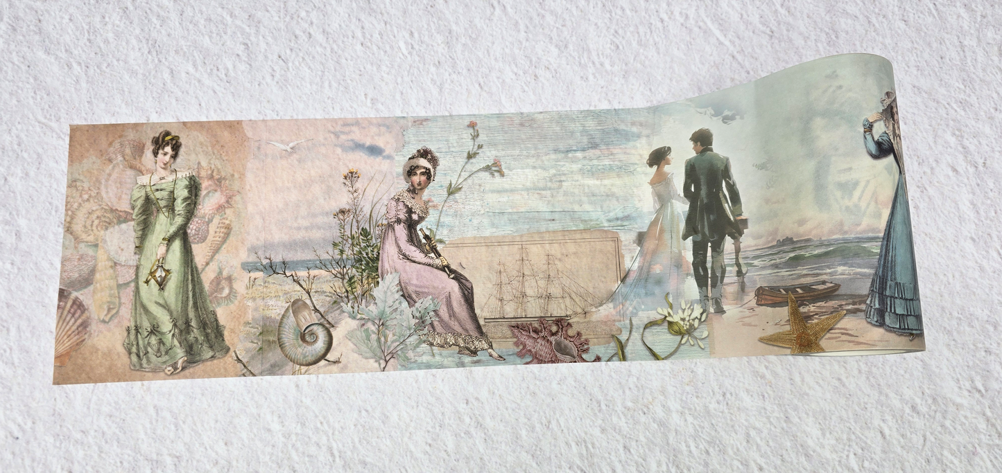 Jane Austen seaside stroll theme extra wide washi tape sticker roll for scrapbooks, journals, crafts and gifts. 12 cm wide