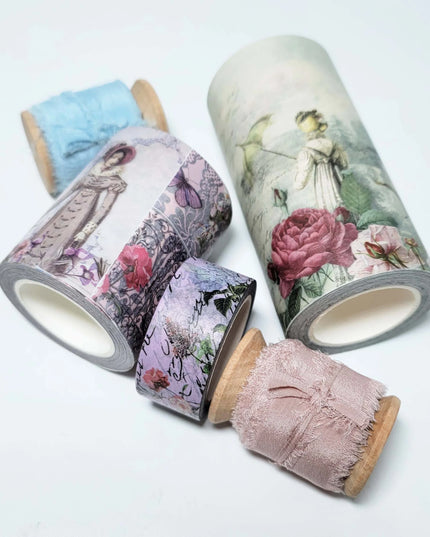 Jane Austen Romantic wide washi tapes and silk ribbons scrapbook crafts set