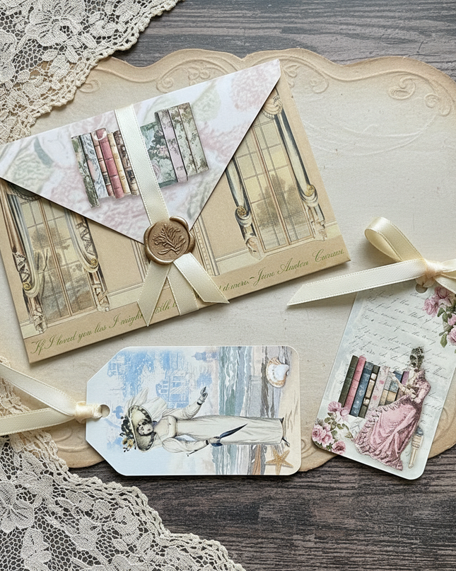 A styled flat-lay of vintage-inspired stationery, including a cream envelope with a wax seal and printed book-and-window design, ribbon ties, and matching decorative tags on a parchment sheet over lace and wood.