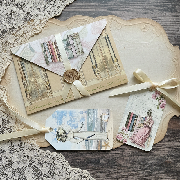 A styled flat-lay of vintage-inspired stationery, including a cream envelope with a wax seal and printed book-and-window design, ribbon ties, and matching decorative tags on a parchment sheet over lace and wood.
